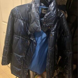 Zara metallic blue shiny puffer size M